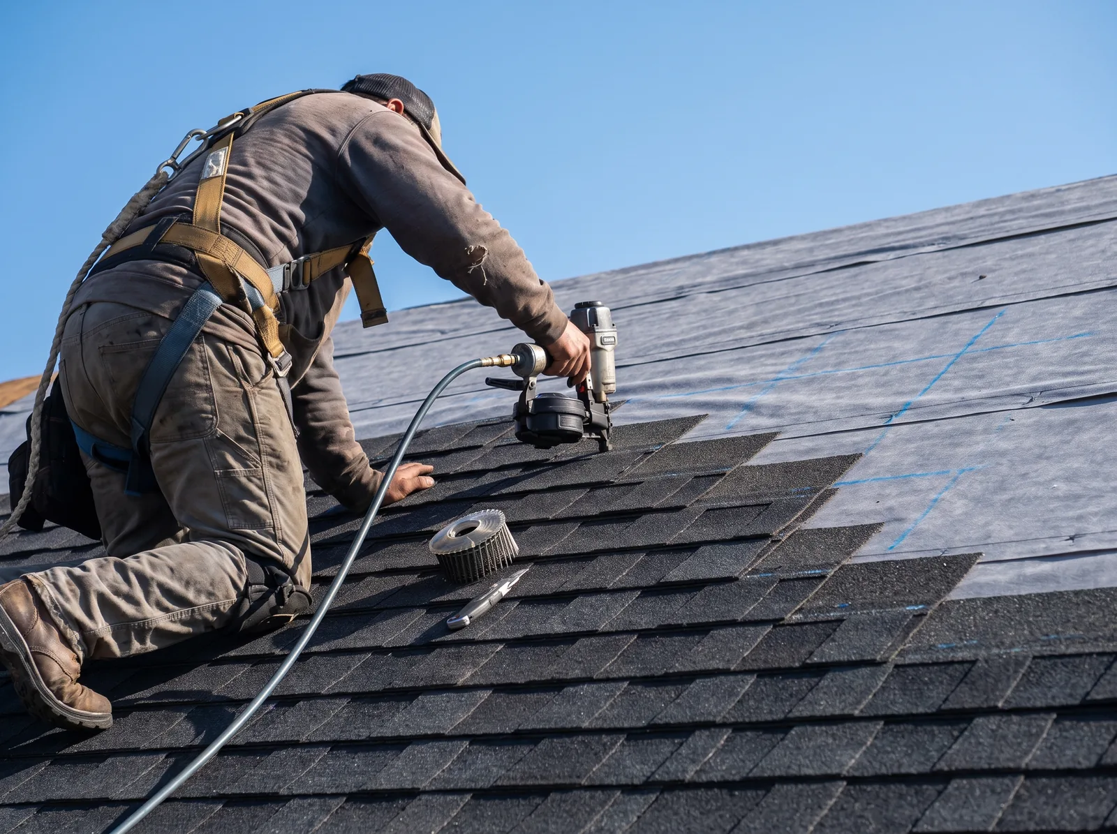 Roofer nailing Class 4 impact-resistant architectural shingles over synthetic underlayment on a steep gable