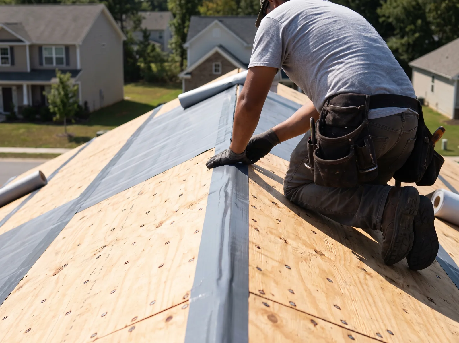 Roofer applying seam tape over plywood roof deck joints and ring-shank nails before underlayment, a FORTIFIED-style sealed roof deck