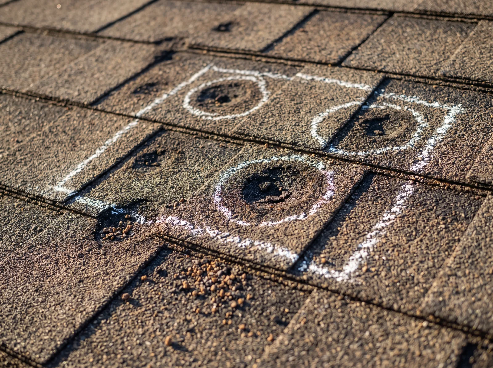 Close-up of hail bruises and granule loss on an asphalt shingle roof, several hits circled in chalk inside a test square