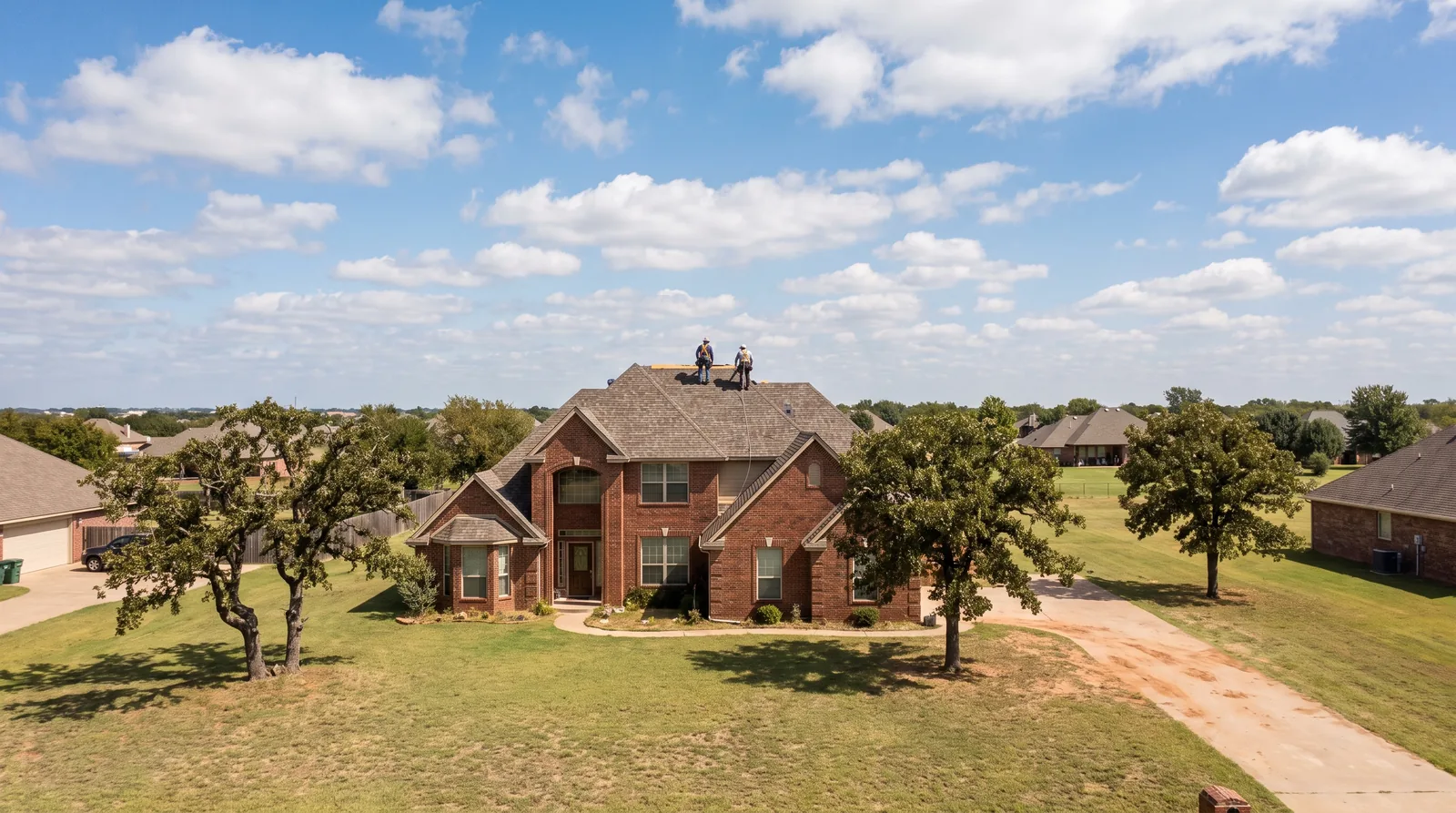 Roofers finishing a new weathered-wood architectural shingle roof on a two-story brick home on a wide lot in Broken Arrow, Oklahoma, under a big open sky