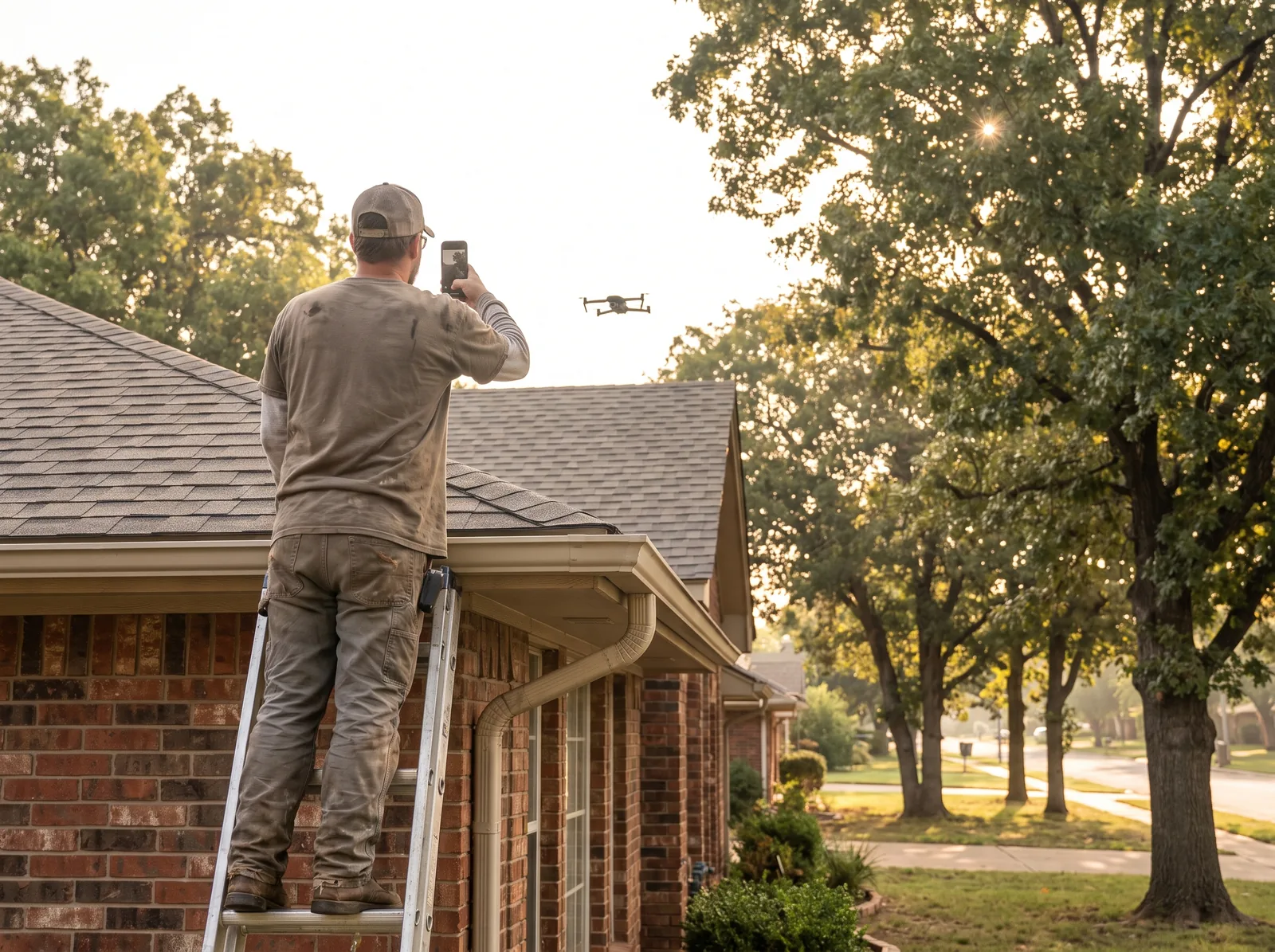 Inspector at the eave of a brick home photographing shingles from a ladder while a drone hovers over the ridge