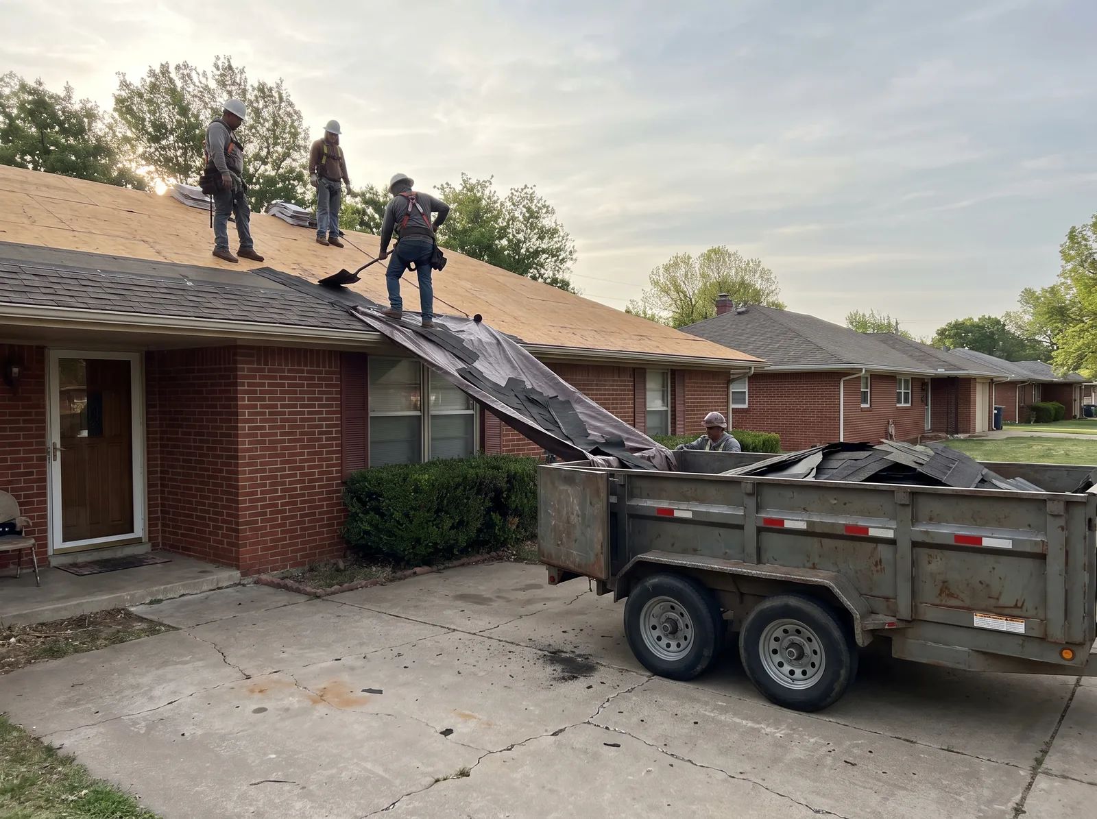 Crew tearing old shingles off a one-story brick home in a Broken Arrow subdivision, debris sliding into a dump trailer in the driveway