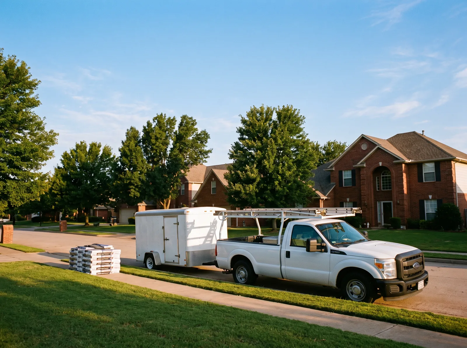 Roofing crew truck and trailer parked on a tree-lined street of brick homes in a Broken Arrow neighborhood